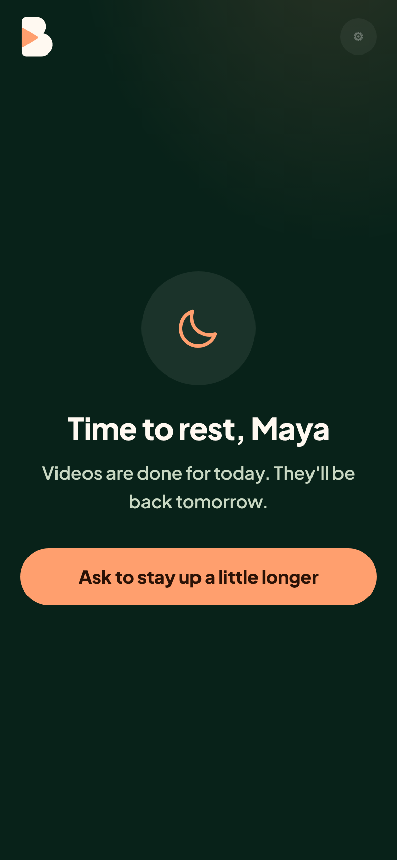 Brightframe’s Time to rest screen with a button to ask a grown-up for a little longer