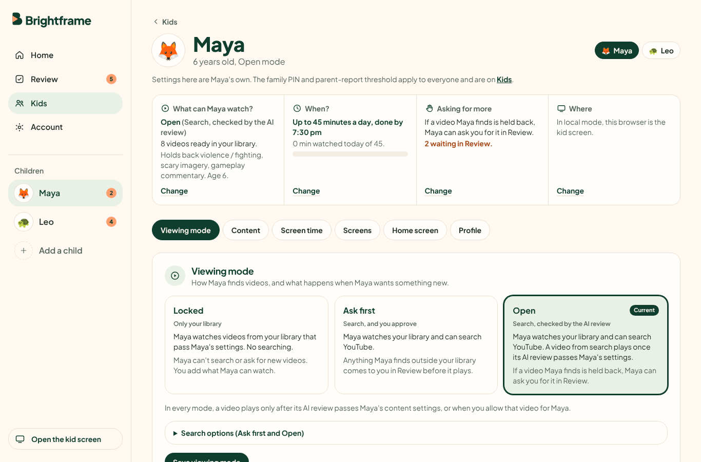 Brightframe parent dashboard showing Maya’s content rules, daily minutes, bedtime and viewing modes